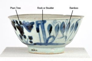 Bamboo, plum tree and rock